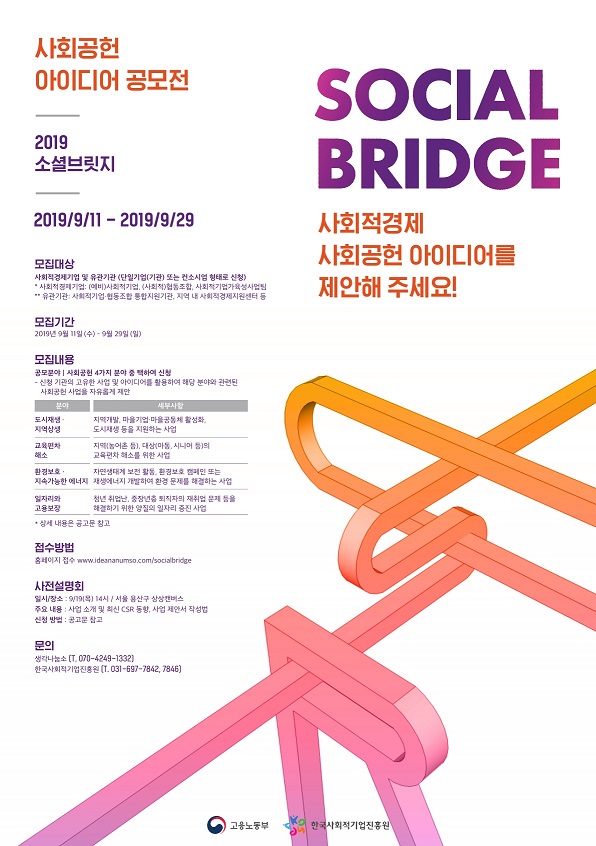 ▲ 고용노동부와 한국사회적경제진흥원은 소셜브릿지공모를 통해 사회공헌아이디어를 모집, 최종 11개 아이디어를 선정했다. ⓒ한국사회적경제진흥원
