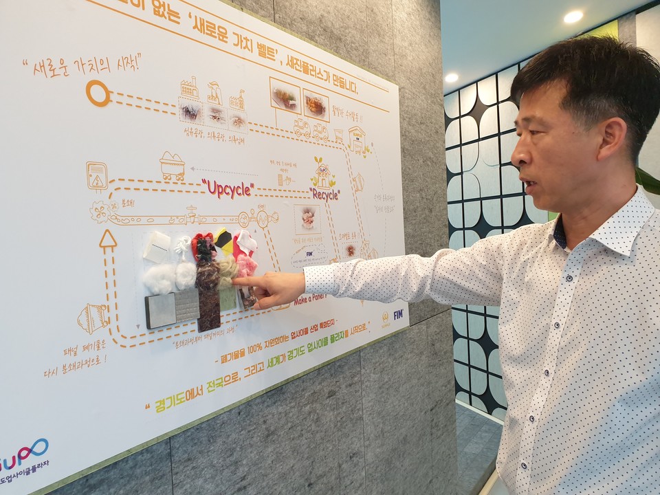 ▲세진플러스의 업사이클링에 대해 설명 중인 박준영 대표. ⓒ라이프인