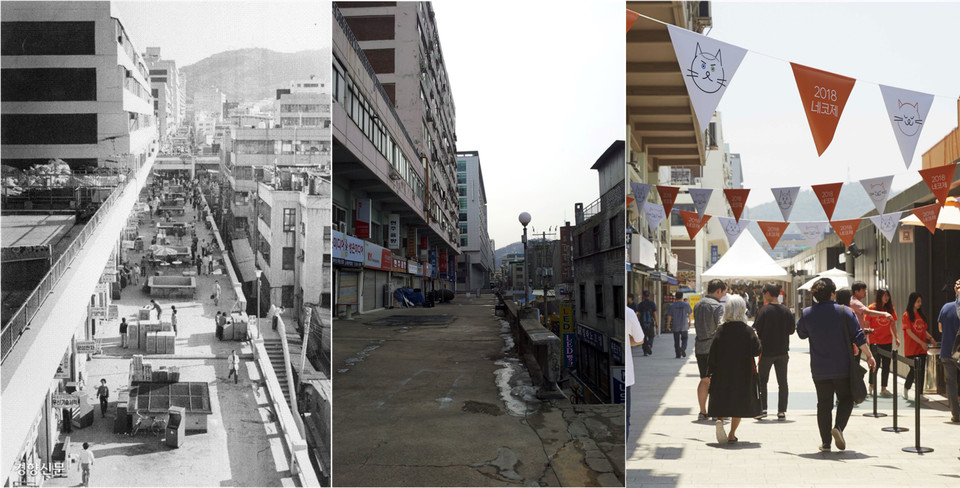 ▲ 세운상가군 데크의 변화 모습-1975년(좌), 2015년(중), 2018년(우) ⓒ 세운협업지원센터