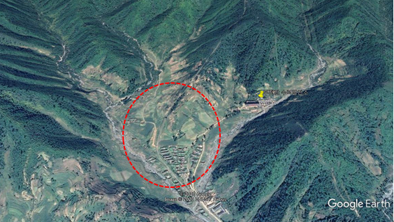 ▲ 구글어스로 본 부전강 발전소 제1호발전소 자리는 해체되어 주택이 들어섰고 옆의 제2호 발전소가 가동하고 있다.