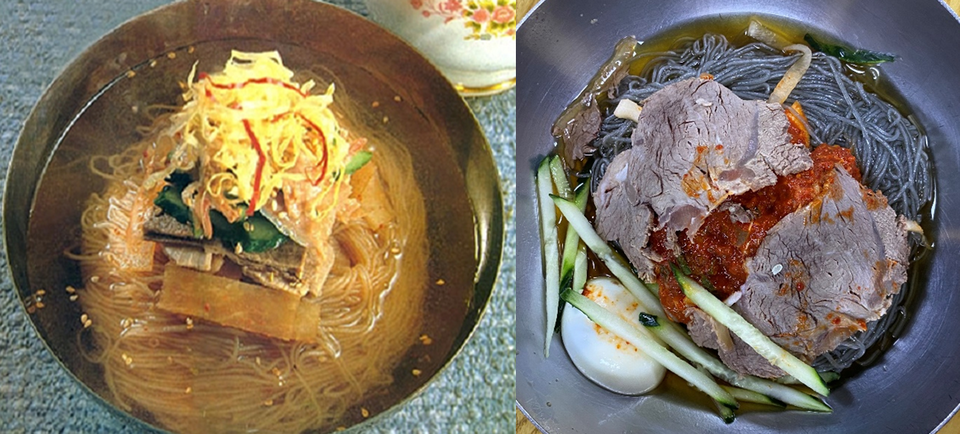 ▲(왼쪽) 함흥감자농마국수 ⓒ 조선료리 (http://www.cooks.org.kp/) (오른쪽) 서울의 오장동 함흥냉면 (회와 고기)[사진=필자 제공]