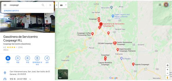 ▲ 구글지도에서 CoopeAgri만 검색해도 페레스 젤레돈에 쿠페아그리가 운영하고 있는 다양한 공장, 마트, 주유소 등이 검색된다. 구글지도 갈무리
