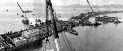 ▲ 남포갑문의 마감물막이 공사 완료 모습 (노동신문 1986년 4월 19일)