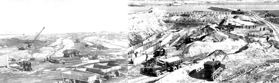 ▲ 서해갑문에서 온천군 간석지로 가는 물길공사(왼쪽: 노동신문 1986년 2월 8일, 오른쪽: 노동신문 1988년 6월 17일))