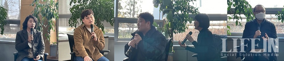 ▲ (왼쪽부터)안희제 칼럼니스트, 심재신 따뜻한시선 대표, 송직근 민들레의료복지사회적협동조합 이사, 서정주 한국에자이 기업사회혁신부장, 송위진 한국리빙랩네트워크 정책위원장. ⓒ라이프인