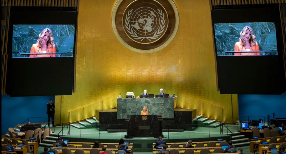 ▲ 유엔 정기총회에서 '지속 가능한 발전을 위한 사회연대경제 활성화' 결의안을 소개하고 있는 스페인 제2부총리 겸 노동사회경제부장관인 욜란다 디아스(Yolanda Díaz) 부총리. 온라인 화면 갈무리. ⓒUN