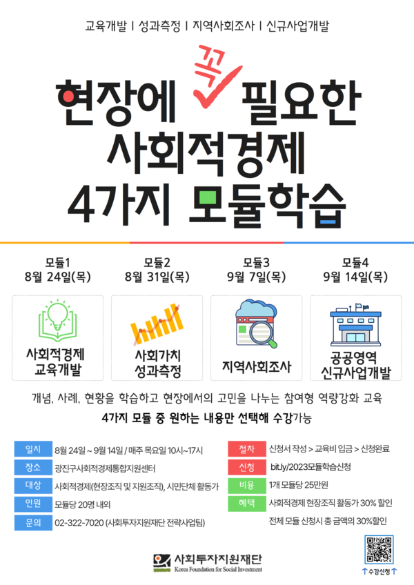 ▲ 현장에 꼭 필요한 사회적경제 4가지 모듈학습 홍보물. ⓒ사회투자지원재단
