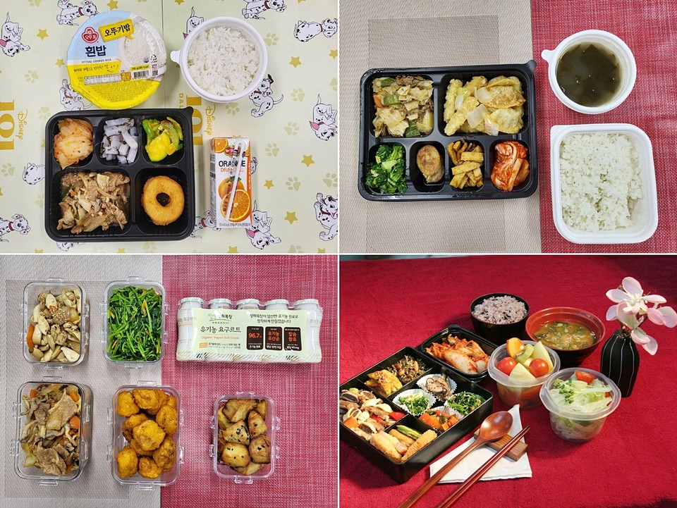 ▲ (왼쪽상단부터 시계방향으로) 결식 우려 아동 도시락(8천 원), 예비군훈련장 도시락(8천 원), 일반도시락(5종류), 행복두끼(10,800원)