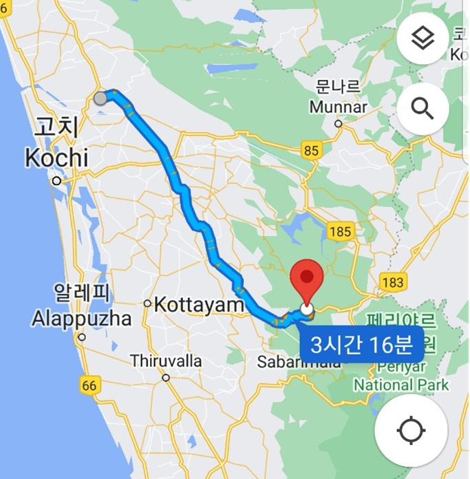 ▲ 구글맵으로 본 코친 공항에서 PDS까지 거리.