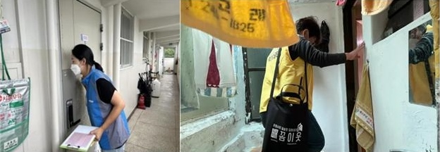 ▲ (좌)서울 중랑구 신내동에서 임대아파트단지 내 1인 고립가구 안부확인을 하고 있다. ⓒ시립대종합사회복지관, (우)서울 송파구 마천동 다세대 주택 밀집지역을 찾아 고립위험이 높은 고립가구 발굴을 위해 가정방문을 하고 있다. ⓒ마천종합사회복지관