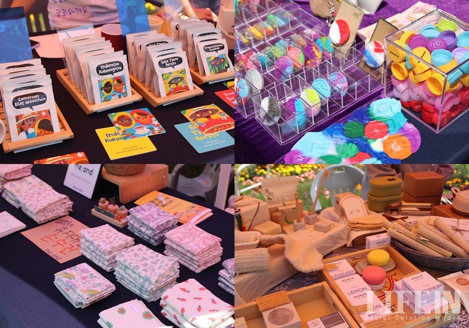 ▲'사회적경제 나눔장터'에서 판매 중인 공정무역 커피 및 업사이클링, 제로웨이스트 제품. ⓒ라이프인