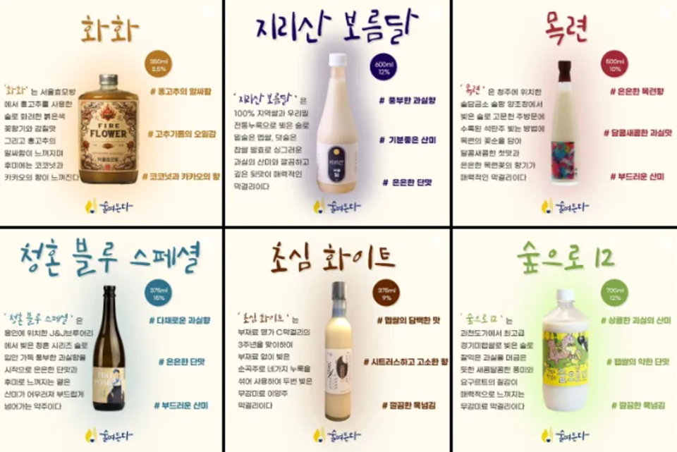 ▲ 지역의 다양한 농산물과 재료로 만든 매력적인 패키지의 전통주들을 소개하고 있는 술며든다의 SNS 피드(@into_the_sool).