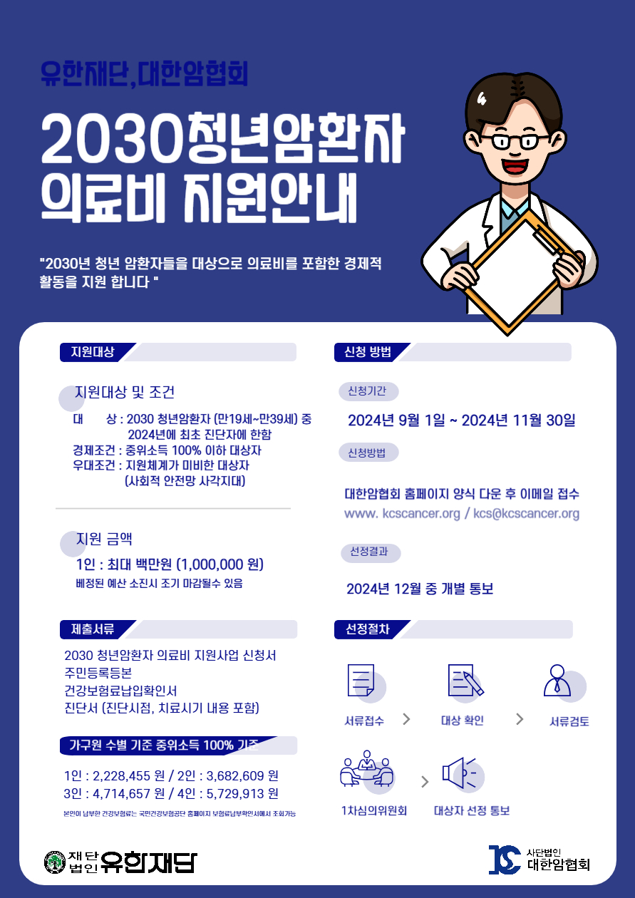 ▲ 2030 청년 암환자 의료비 지원 안내 포스터.