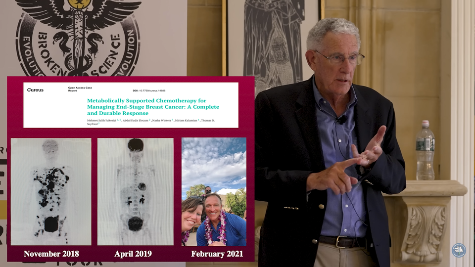 ▲ 대사 치료와 저용량 화학요법을 통해 말기 유방암 환자가 3년 만에 눈에 띄게 호전된 사례를 설명하는 세이프리드 교수. ⓒ온라인 강의 화면 갈무리