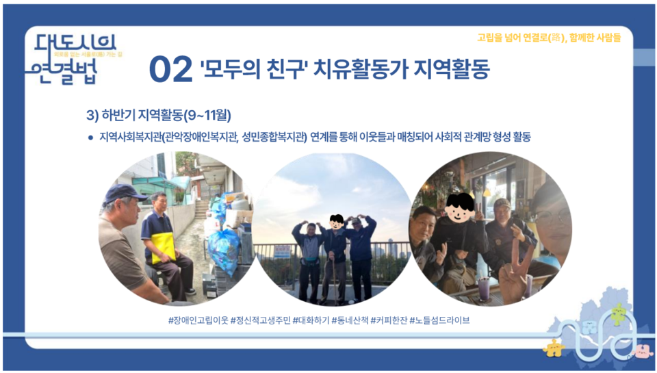 ▲ 장인국 치유활동가의 발표자료. 장인국 치유활동가의 활동 사진. 