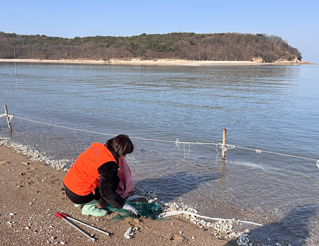 ▲ 한 포그니 회원이 해변에서 쓰레기를 줍고 있는 모습. 김비랑, 고은빈 기자 촬영.