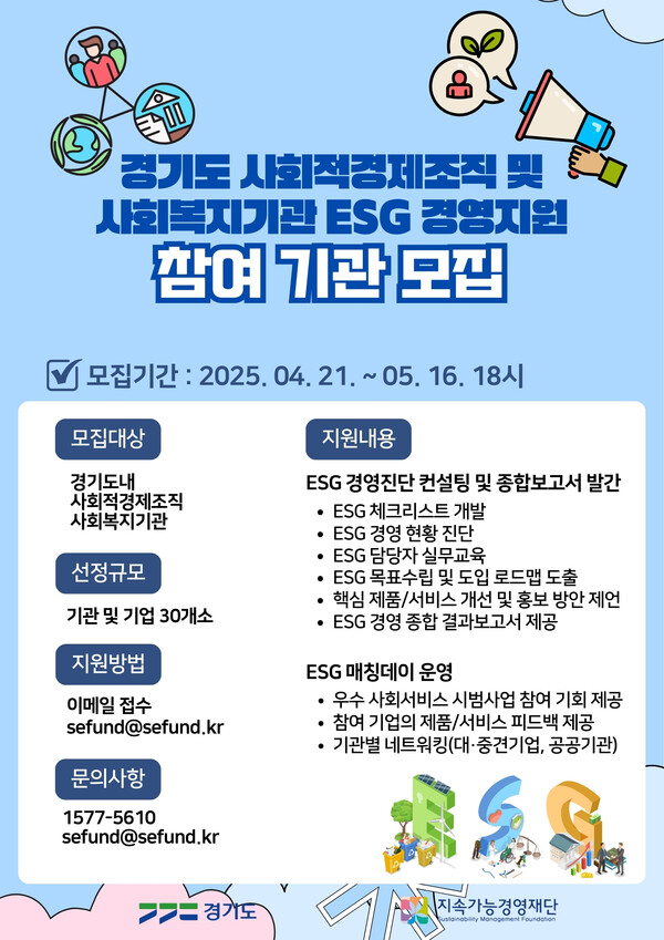▲ '경기도 사회적경제조직 및 사회복지기관 ESG 경영지원 사업' 모집 홍보물. ⓒ지속가능경영재단 