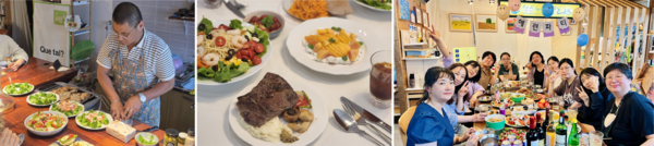 ▲ 공익활동가를 위한 식탁, '공탁'의 현장 모습. 왼쪽부터 활동가를 위해 요리를 준비하는 셰프, 세프가 준비한 요리, 함께 식사를 즐기는 활동가들의 모습. ©공익활동가 사회적협동조합 동행