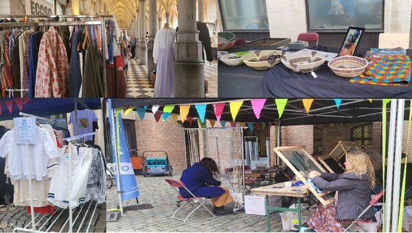 ▲ (왼쪽 위부터 시계방향) 시청 1층 홀에 설치된 의류 부스, 수공예품 전시 부스, 재사용 천을 활용한 직조 체험, 의류 재사용 안내문과 옷. ©최은주 위원