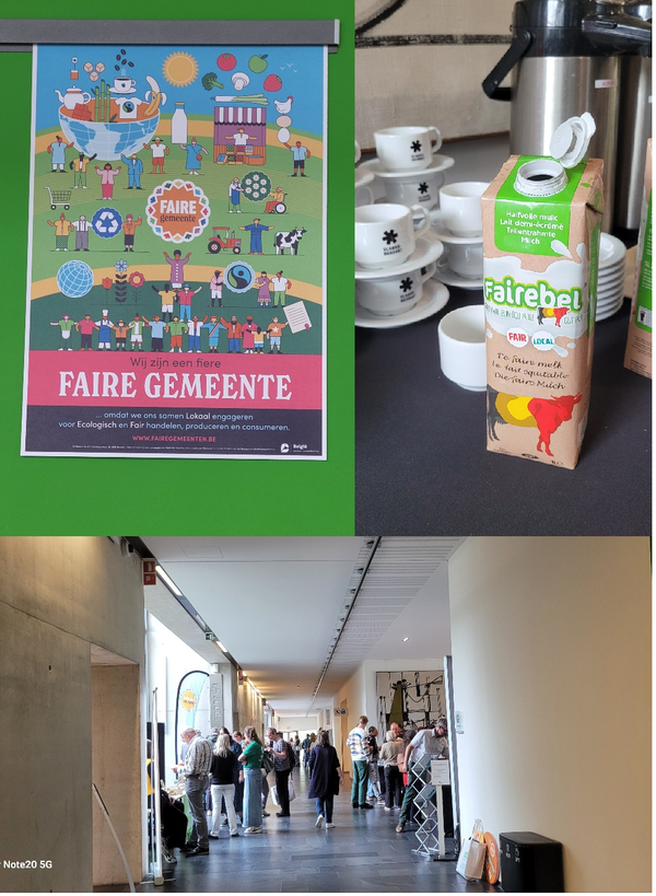 ▲ (윗줄 왼쪽부터) 공정무역도시 연례회의 포스터, 로컬페어트레이드를 지향하는 협동조합 '페어벨' 우유, 점심식사 후 전시된 공정무역 제품을 구경하거나 네트워킹하는 참가자들. ©최은주