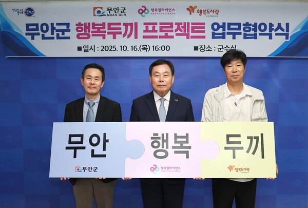 ▲ 협약식에서 (왼쪽부터) 조민영 행복얼라이언스 사무국(행복나래㈜) 본부장, 김산 무안군수, 최준 행복도시락사회적협동조합 사무국장이 기념 촬영을 하고 있다. ⓒ행복얼라이언스