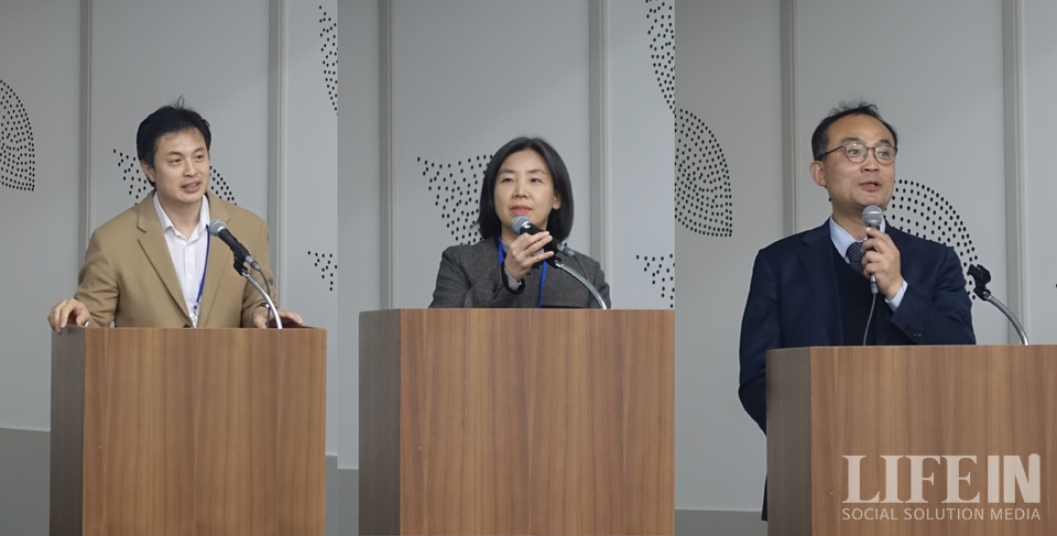 ▲ 포럼 발제자(왼쪽부터)이상진 한국사회혁신금융 대표, 장지연 한국사회가치연대기금 사무총장, 김기태 한국협동조합연구소 이사장. ⓒ라이프인